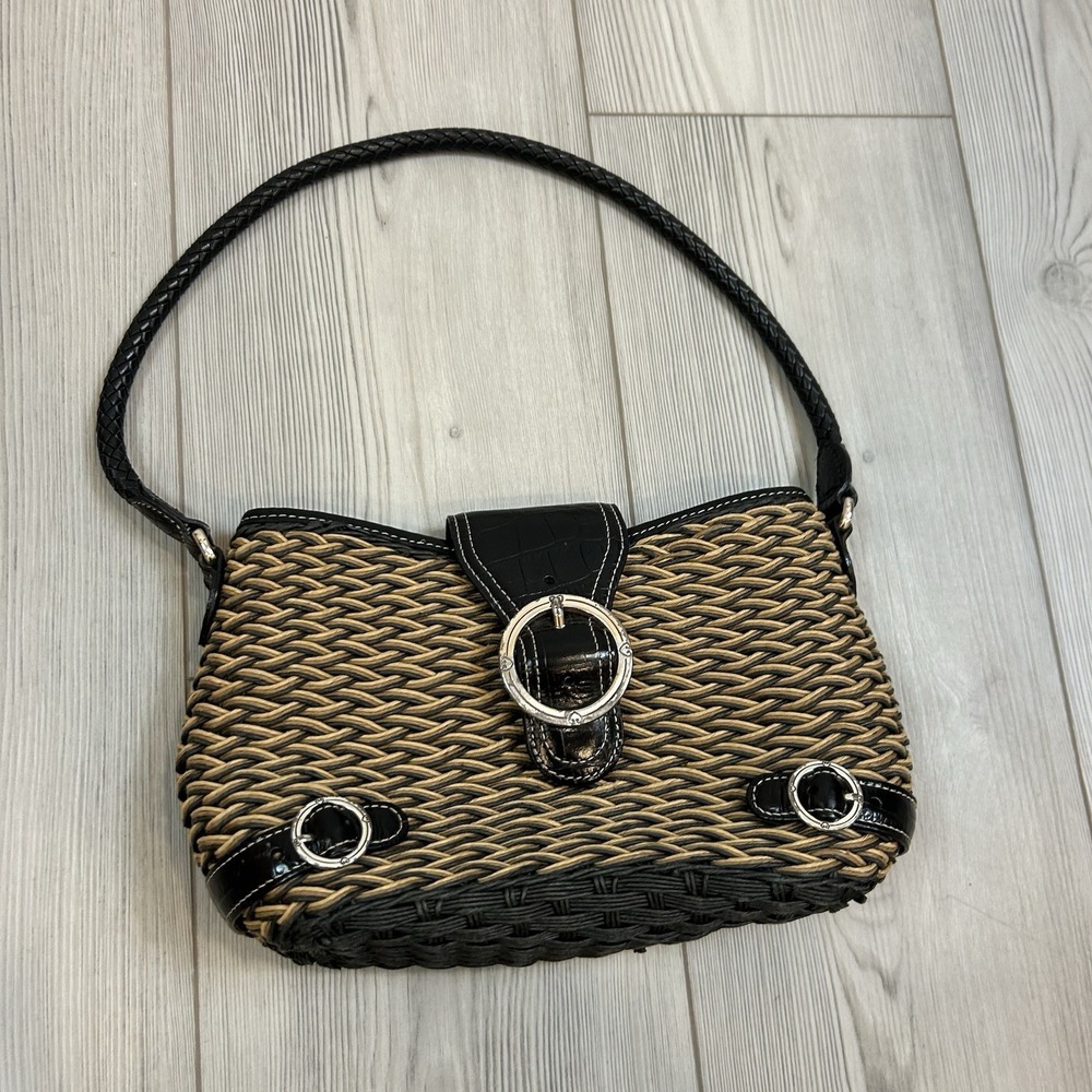 BRIGHTON Woven CORD Shoulder Bag with Leather Strap Closure Floral Fabric Lining - Picture 2 of 14